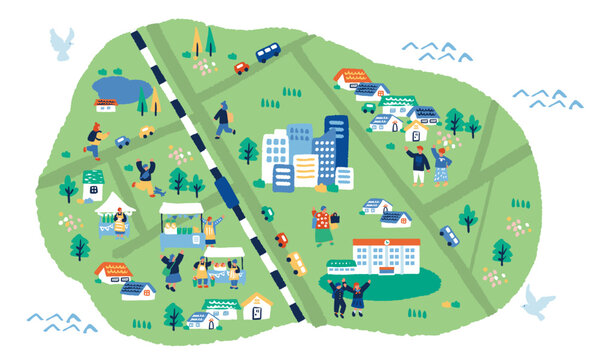 街並みと人々のシンプルでフラットなイラスト
