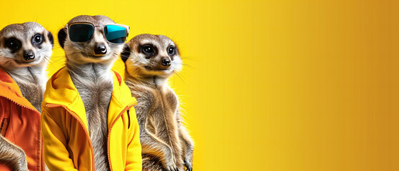 Meerkats in Jackets Wearing Sunglasses on Yellow - obrazy, fototapety, plakaty