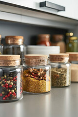 Organized Spice Jars on Kitchen Shelve. Array of assorted different dry spices in glass jars neatly lined up, organization of order. - obrazy, fototapety, plakaty