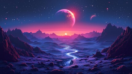Cartoon fantasy illustration of blue galaxy sky with gas giant and moon and ground surface with rocks on alien planet with craters and lighted cracks. - obrazy, fototapety, plakaty