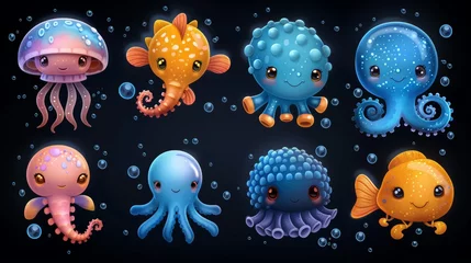 Crédence de cuisine en verre imprimé Vie marine Cartoon cartoon set of aquarium characters, funny marine creatures, puffer fish isolated on a black background. Fish, seahorse, jellyfish, octopus.