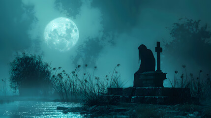 Eerie silhouette of a hooded figure seated near a cross gravestone under a full moon in a foggy cemetery at night. - obrazy, fototapety, plakaty
