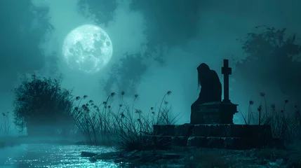 Fotobehang Eerie silhouette of a hooded figure seated near a cross gravestone under a full moon in a foggy cemetery at night. © Chomphu