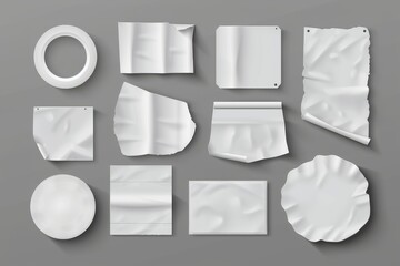 A set of white stickers, glued paper patches, and adhesive tapes with wrinkles, isolated on gray.