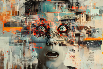 A complex digital collage blending urban imagery and intense human eyes, conveying a sense of information overload and surveillance.