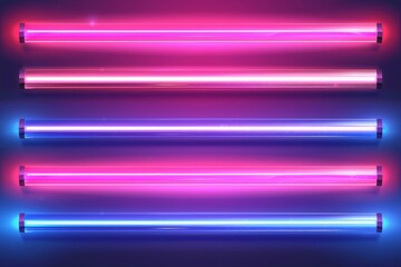 Realistic 3D light laser stripe bulb in red and purple colors set. Flash lazer shine at night illustration collection. Neon led lamp tube line with blue glow modern on transparent background. - obrazy, fototapety, plakaty