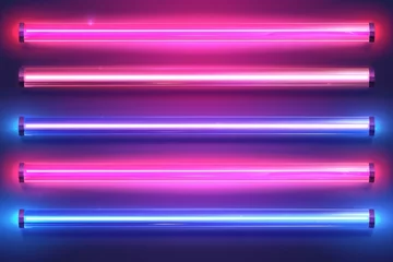 Foto auf Leinwand Realistic 3D light laser stripe bulb in red and purple colors set. Flash lazer shine at night illustration collection. Neon led lamp tube line with blue glow modern on transparent background. © Mark