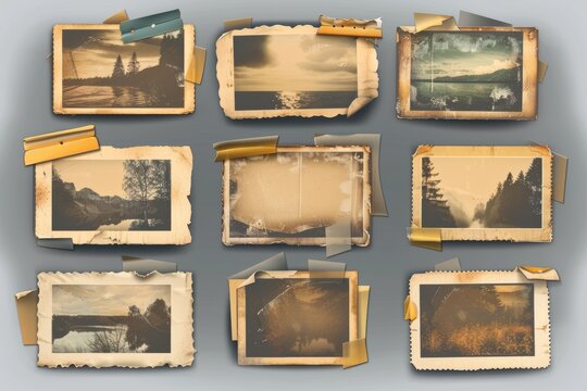 This picture depicts an old photo set attached to a page of an album with sticky tape. The photographs are displayed in vintage yellow frames in a collage template, which is isolated on a transparent