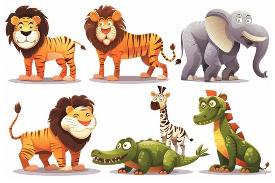 A set of cartoon wild animals including a tiger, monkey, zebra, lion, elephant, and crocodile. Jungle beasts in a zoo or safari park.