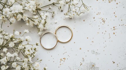 Obraz na płótnie Canvas Wedding rings on a white background with gypsophila flowers. Romantic and elegance.