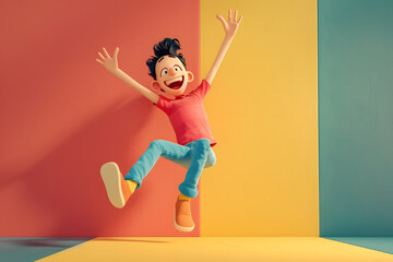 Freudensprung: Cartoonfigur springt vor Freude in die Luft auf farbigem Hintergrund - obrazy, fototapety, plakaty
