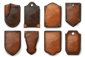 Realistic set of genuine leather labels isolated on white. Modern illustration of a brown material tag for price or quality information on clothing and accessories. Vintage style texture.