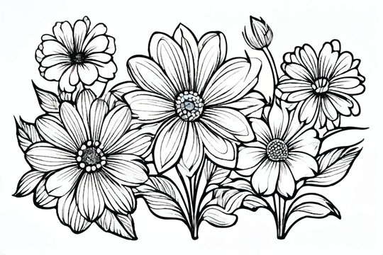 Abstract elegance seamless pattern with floral background. Flower Coloring Page, Flower Line Art Vector. Coloring book flowers doodle style black outline. Line art floral black and white background.  