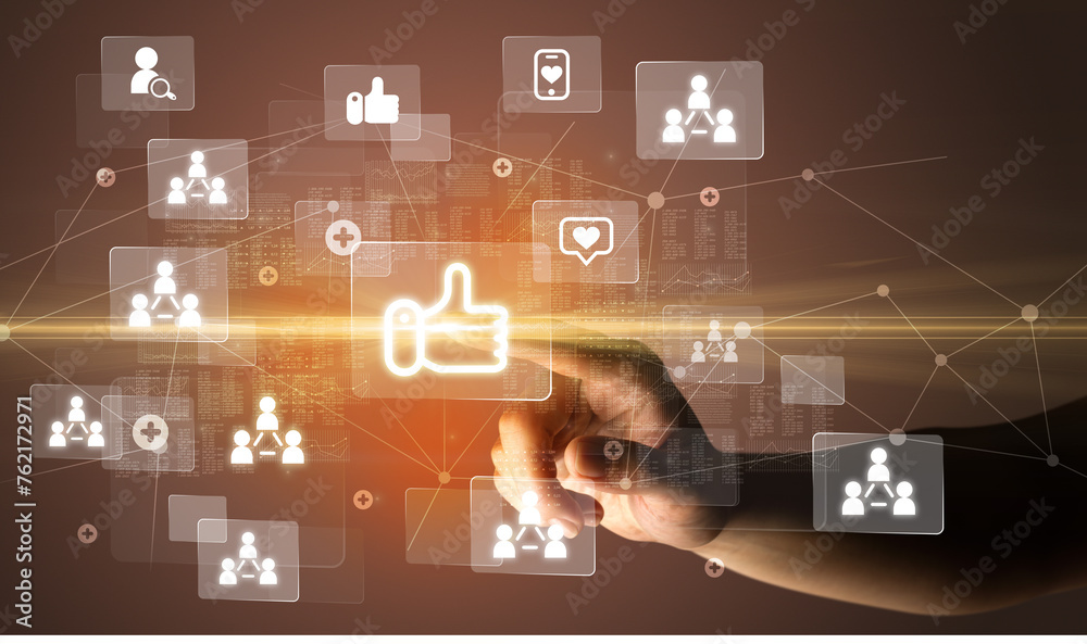 Poster hand pressing social media multimedia application screen with media icons on futuristic concept