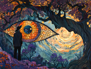 Vivid illustration of a man observing a colossal eye within a fantastical sky, framed by twisted trees and a psychedelic landscape.