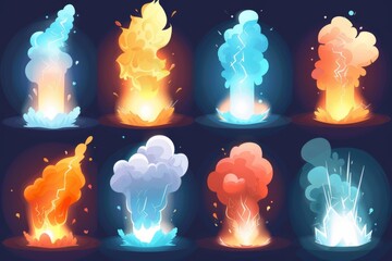 Magic explosion, bomb boom game effect, 3D cartoon modern of blue and orange flames with rising smoke, magical weapon shot with clouds, smog and haze trace. Lightning strike, elemental magician spell - obrazy, fototapety, plakaty