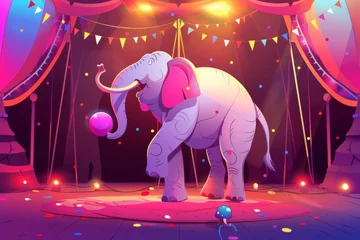 Wandaufkleber In the big top tent arena with garlands, a circus elephant stands on a ball. There is an acrobat performing on stage, a funfair amusement park magic show. Cartoon modern illustration. © Mark
