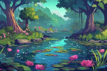 Water lilies in a swamp. Dreamy mystic scenery with an ooze-covered wild pond, cartoon modern illustration. - obrazy, fototapety, plakaty