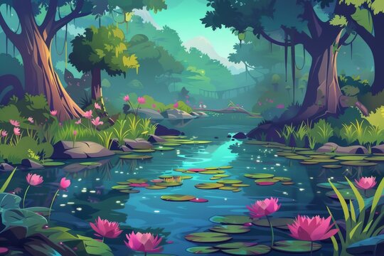 Water lilies in a swamp. Dreamy mystic scenery with an ooze-covered wild pond, cartoon modern illustration.
