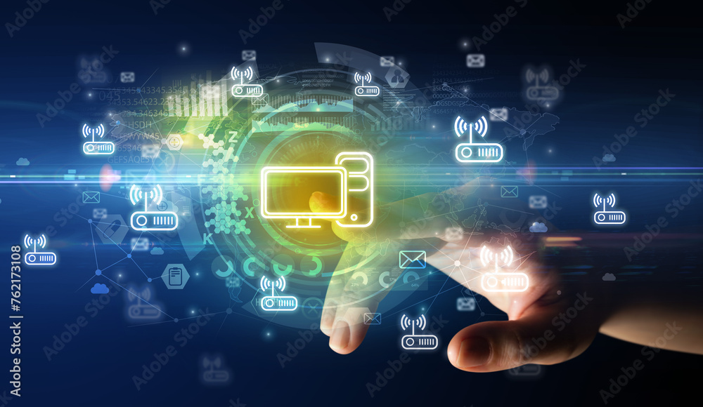 Poster touching with soft gesture multimedia screen with future technology concept