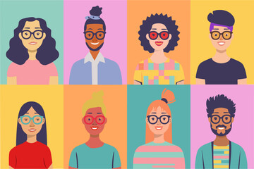 Grupo de personas de diferente raza con gafas de colores. Set vectores de retratos personas para trabajo o cartel. - obrazy, fototapety, plakaty