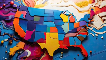 Artistic textured USA map with splashes of vibrant paint on blue background