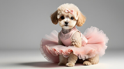cute poodle puppy in a pink ballerina dress. illustration