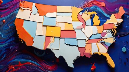 Artistic textured USA map with splashes of vibrant paint on blue background