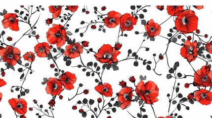 An example of the dress mock up pattern in small simple flowers. Seamless background and seamless border. Modern illustration. Red black on white.