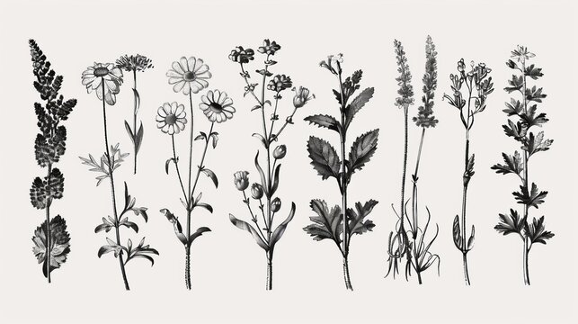 Botany set comprising herbs and wild flowers. Vintage style black and white illustration.