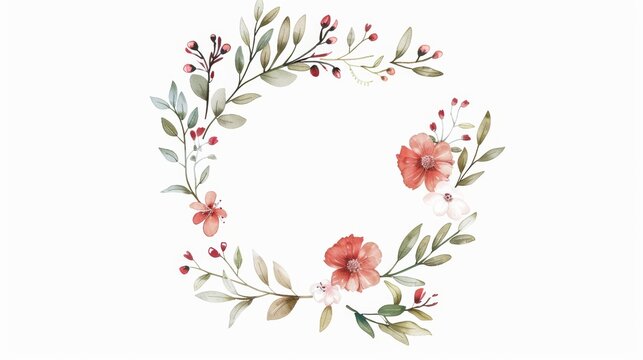An adorable wreath featuring flower, leaf, and branch images in a vintage watercolor style. Modern circle background for your text.