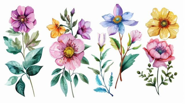 The color floral set includes leaves and flowers drawn in watercolor. Perfect for invitations, weddings, or greeting cards for spring or summer.