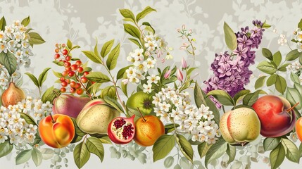 Obraz na płótnie Canvas The vintage modern vertical card spring features colorful blossoms of lilac, peach, pear, pomegranate, and apple on a grey background.
