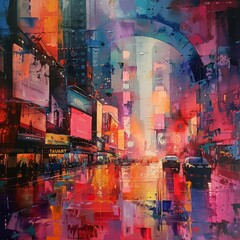 Vivid abstract art on canvas, depicting the lively essence of city existence through colors and forms