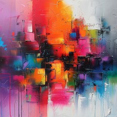 Vibrant urban chaos captured on canvas with bursts of colors and shapes