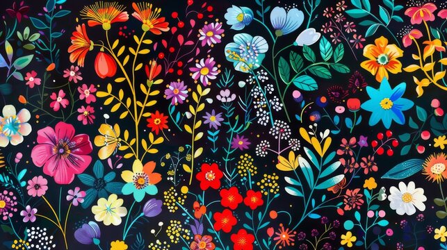 On a black background, this colorful floral pattern has bright, colorful flowers, plants, branches and berries.