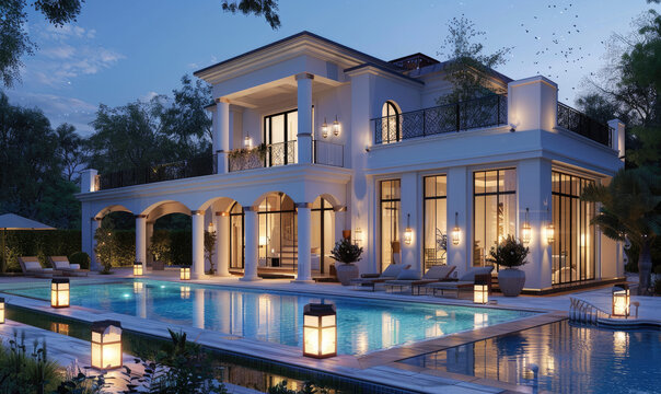 Fototapeta 3d rendering of large white house with pool and modern garden at dusk. The villa has classic Greek style architecture, with clear glass windows on the front facade that reflect the blue sky above