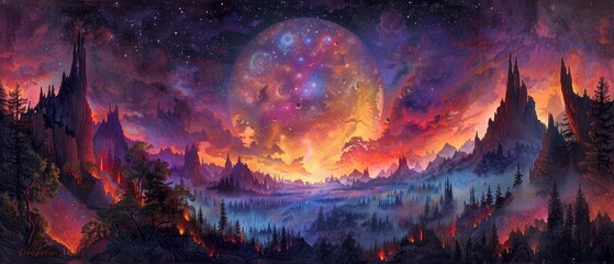 Visionary art shows a metaphysical journey through ethereal landscapes, otherworldly and mysterious - obrazy, fototapety, plakaty