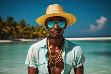 Captivating Photo of Bahamian young male on exotic nature background. Black skinned guy portrait on tropical palms. Generate ai - obrazy, fototapety, plakaty