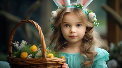 Obraz premium Cute little child wearing bunny ears on Easter day. Girl holding basket with painted eggs - generative ai