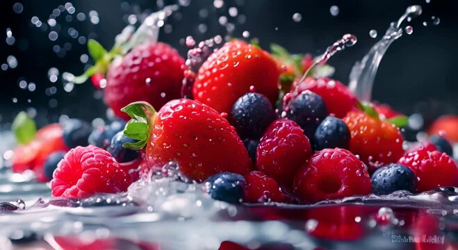 Super slow motion shot of rotating exploded berries fruit with splashing water on black at 1000fps