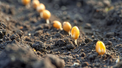 Young sprouts of wheat on the ground in the garden. Macro