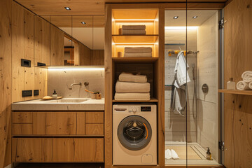 A small bathroom with a wooden cabinet and a white washing machine