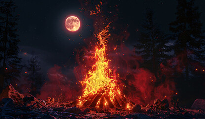 a realistic illustration of a fire at night with the moon