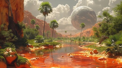 Visionary landscapes of a terraformed Mars, with lush greenery and water bodies, against a red sky