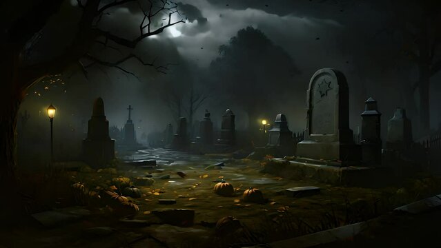 Halloween night by the old church under the moonlit sky. Halloween ghost cemetery with dark clouds. Graves in the cemetery at dusk. Spooky dark night full moon	