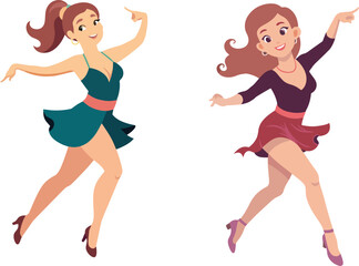 Vector illustration of two animated young women dancing cheerfully with flowing dresses