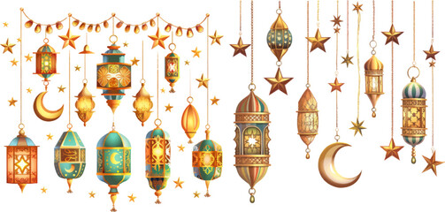 Arabic traditional Ramadan Kareem eastern lanterns garland - obrazy, fototapety, plakaty