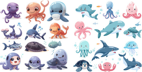 Cute ocean fish, octopus, shark and turtle, jellyfish, crab and seal - obrazy, fototapety, plakaty