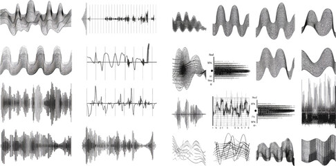 Abstract music wave, radio signal frequency and digital voice visualisation. Tune equalizer vector set. - obrazy, fototapety, plakaty